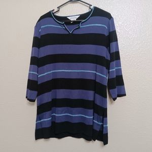 Exclusively Misook Purple Black Blue Striped Acrylic Split Neck Sweater